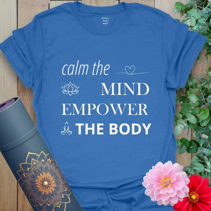 Heather Royal Empower T-Shirt with wellness message: “Calm the Mind, Empower the Body.” Unisex yoga and activewear tee in bold blue.