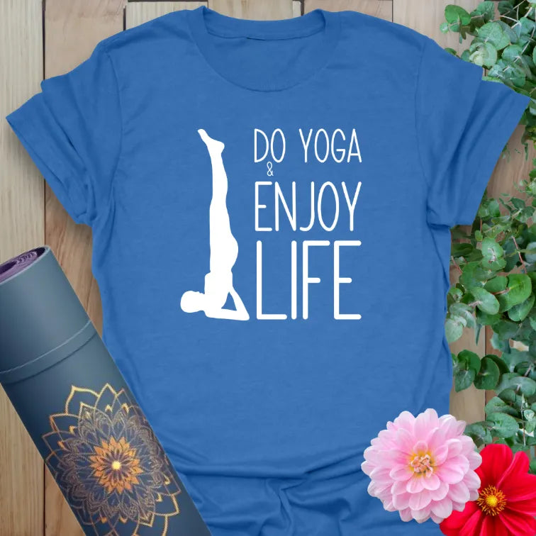 Soft cotton unisex yoga t-shirt with "Do Yoga & Enjoy Life" mantra and yogi headstand graphic.