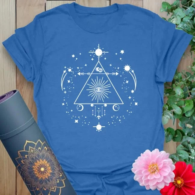 Soft cotton unisex yoga t-shirt featuring mystical triangle and celestial design for spiritual connection.