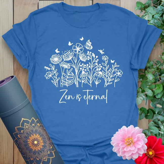 Soft cotton unisex yoga t-shirt with whimsical floral garden design and "Zen is Eternal" mantra for mindful living.