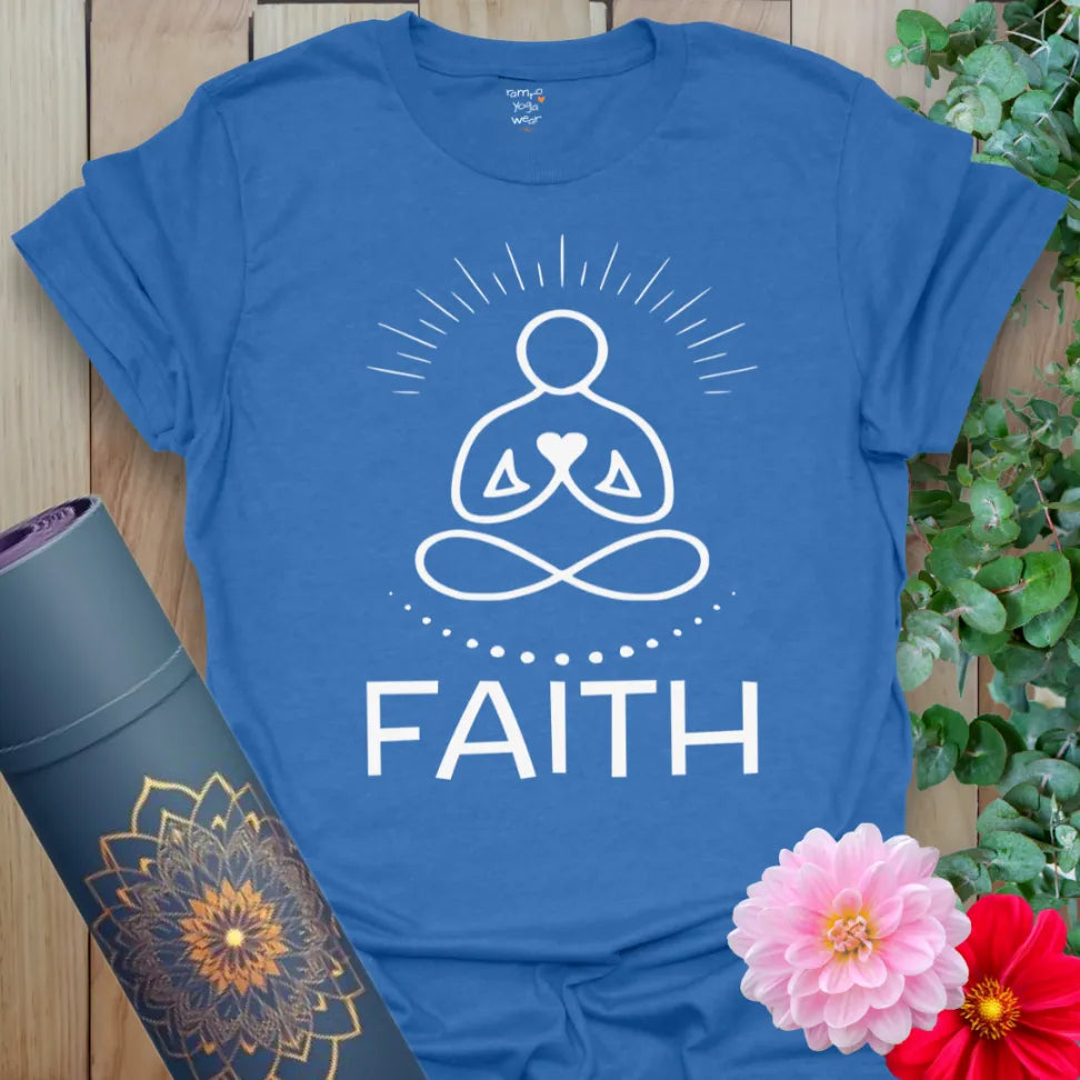 Soft cotton unisex yoga t-shirt featuring minimalist meditating figure with heart-centered design and "Faith" message for mindful living.