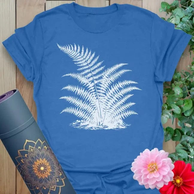 Soft cotton unisex yoga t-shirt featuring elegant white fern design symbolizing grounding, growth, and connection to nature.