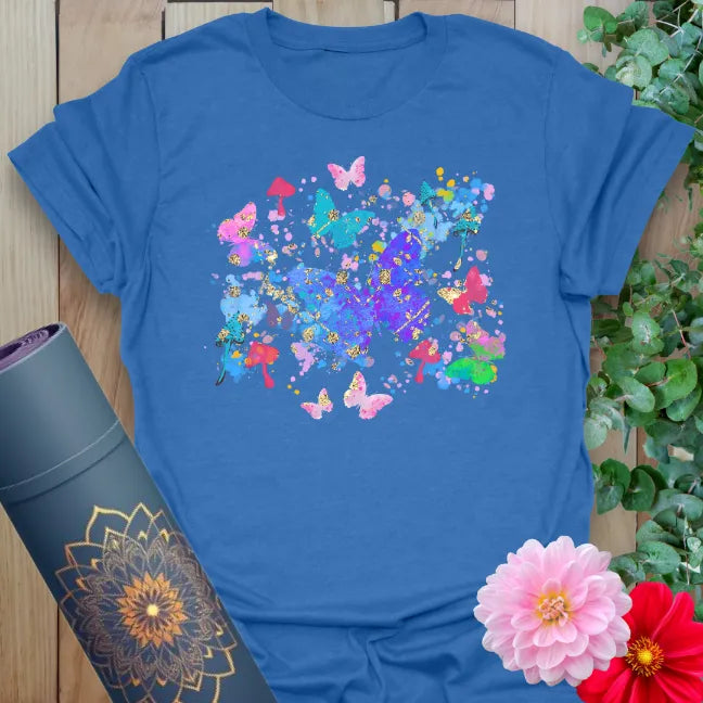 Soft cotton unisex yoga t-shirt featuring vibrant butterfly and nature collage symbolizing joyful transformation.