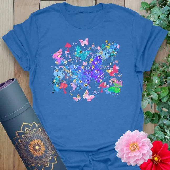 Soft cotton unisex yoga t-shirt featuring vibrant butterfly and nature collage symbolizing joyful transformation.