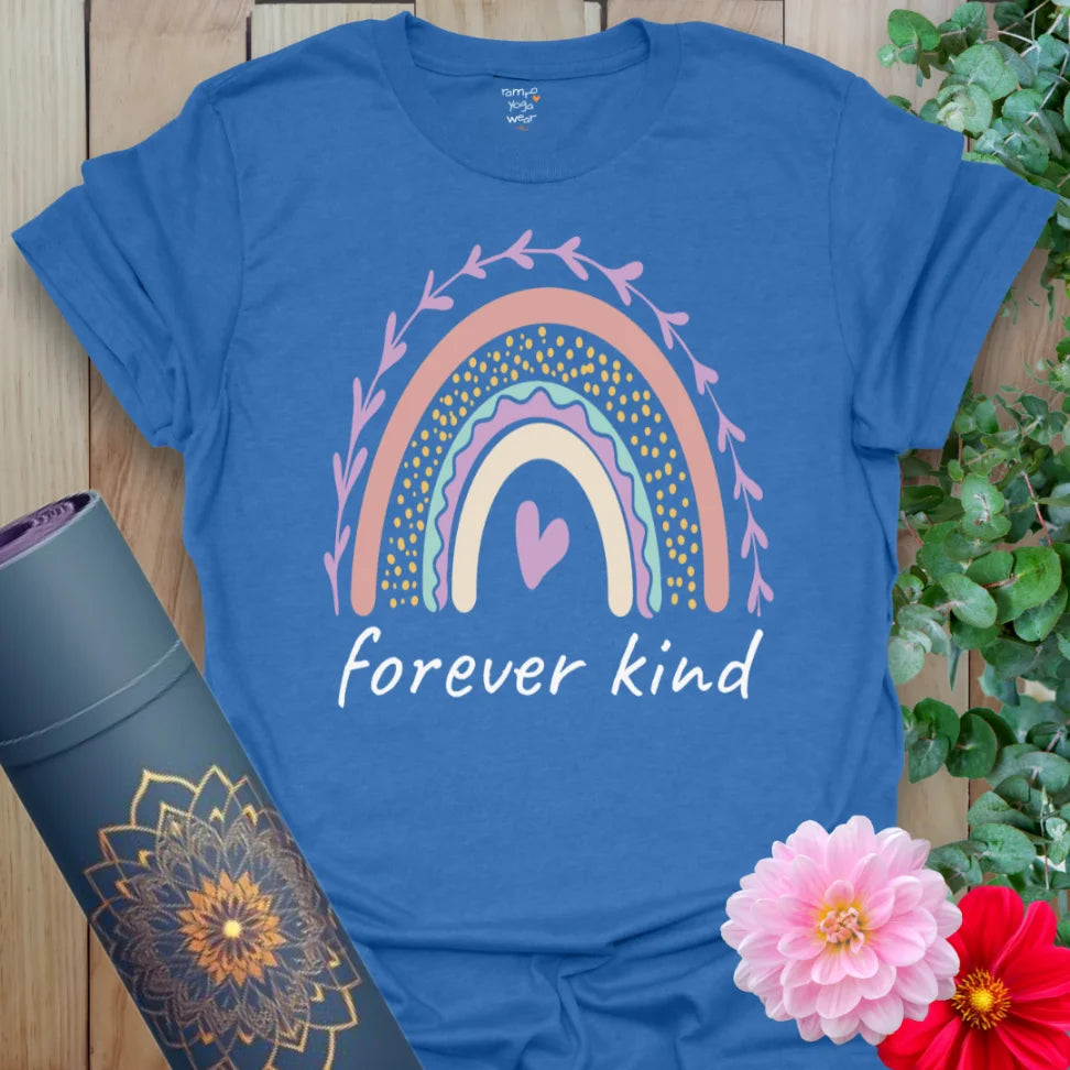 Soft cotton unisex yoga t-shirt featuring colorful hand-drawn rainbow and "forever kind" heart design for soulful, compassionate living.