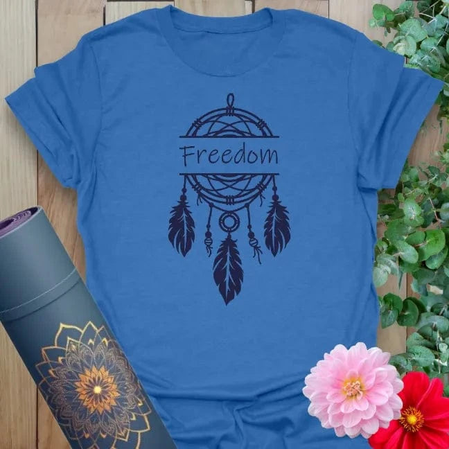Soft cotton unisex yoga t-shirt featuring hand-drawn dreamcatcher with "Freedom" mantra symbolizing soulful liberation and mindful living.