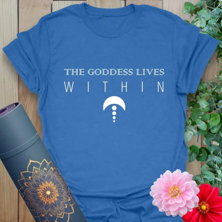 Soft cotton unisex yoga t-shirt featuring "The Goddess Lives Within" affirmation and minimalist sacred symbol for mindful, empowered living.