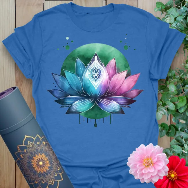 Soft cotton unisex yoga t-shirt featuring vibrant lotus flower artwork symbolizing mindful growth, resilience, and soulful living.