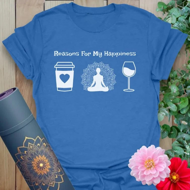 Soft cotton unisex yoga t-shirt featuring playful coffee, yoga, and wine graphic with "Reasons For My Happiness" quote for joyful mindful living.