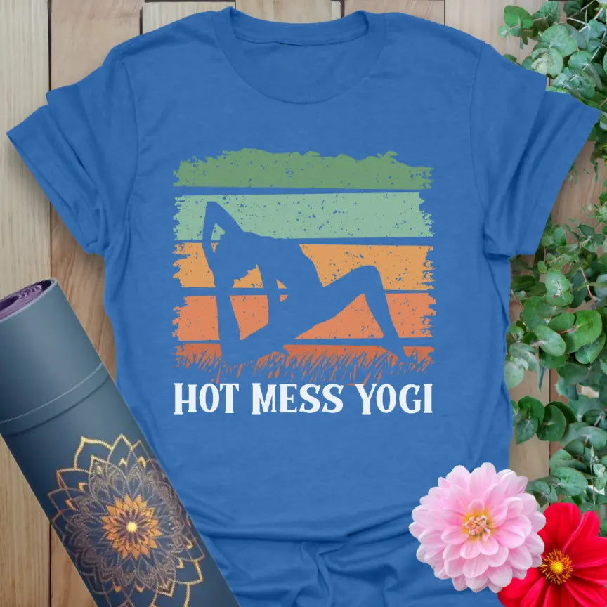 Soft cotton unisex yoga t-shirt featuring playful yogi silhouette and "Hot Mess Yogi" quote for joyful, mindful living.