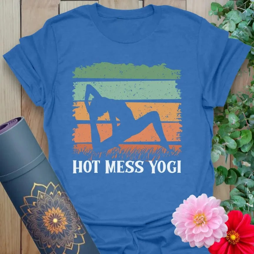 Soft cotton unisex yoga t-shirt featuring playful yogi silhouette and "Hot Mess Yogi" quote for joyful, mindful living.