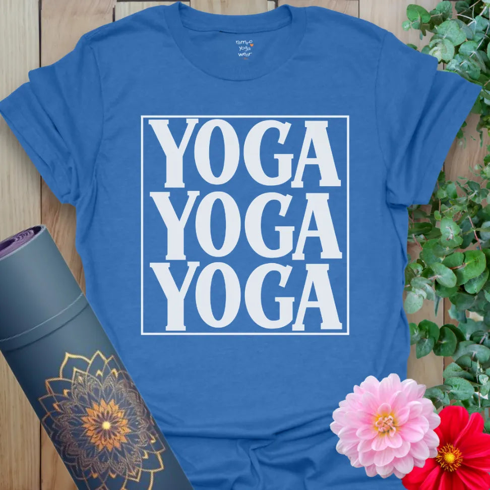 Soft cotton unisex yoga t-shirt featuring bold triple "YOGA" stacked graphic in minimalist style for mindful living.