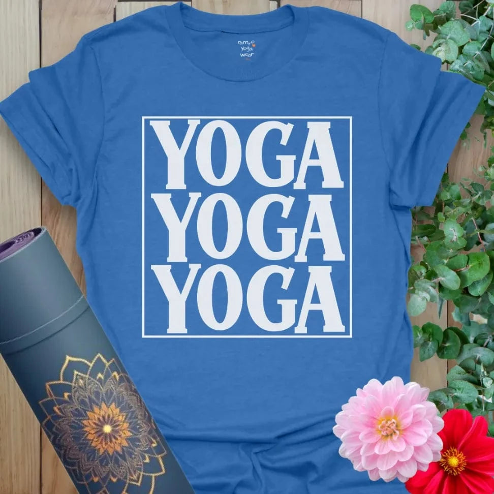 Soft cotton unisex yoga t-shirt featuring bold triple "YOGA" stacked graphic in minimalist style for mindful living.