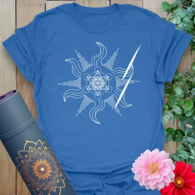 Soft cotton unisex yoga t-shirt featuring sacred geometry design with cosmic waves and lightning symbolizing energy and transformation.