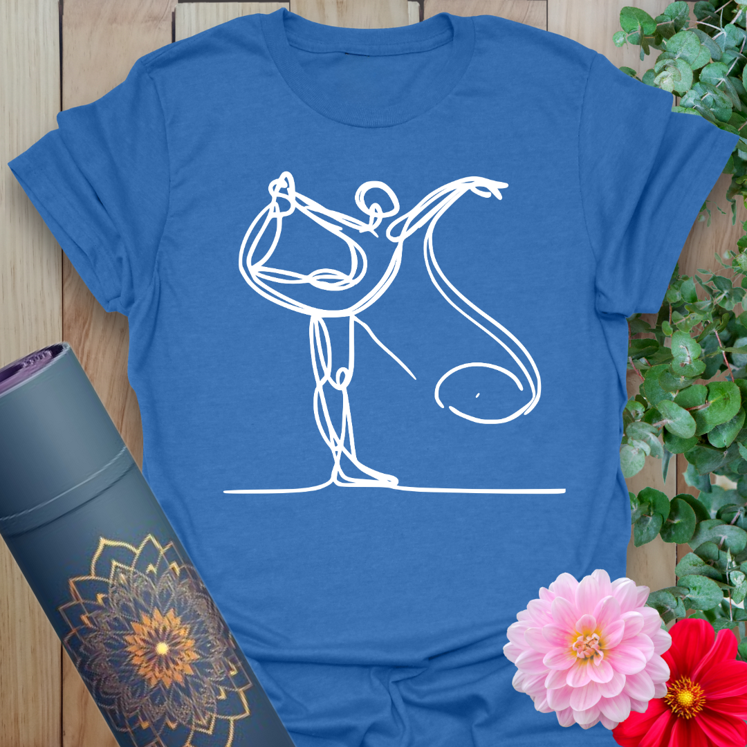Soft cotton unisex yoga t-shirt featuring elegant continuous line drawing of yogi in King Dancer Pose symbolizing mindful movement.
