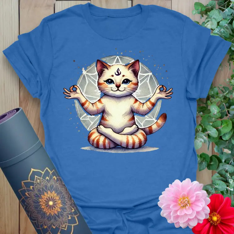 Soft cotton unisex yoga t-shirt featuring playful meditating cat with third-eye and mandala backdrop for mindful, soulful living.