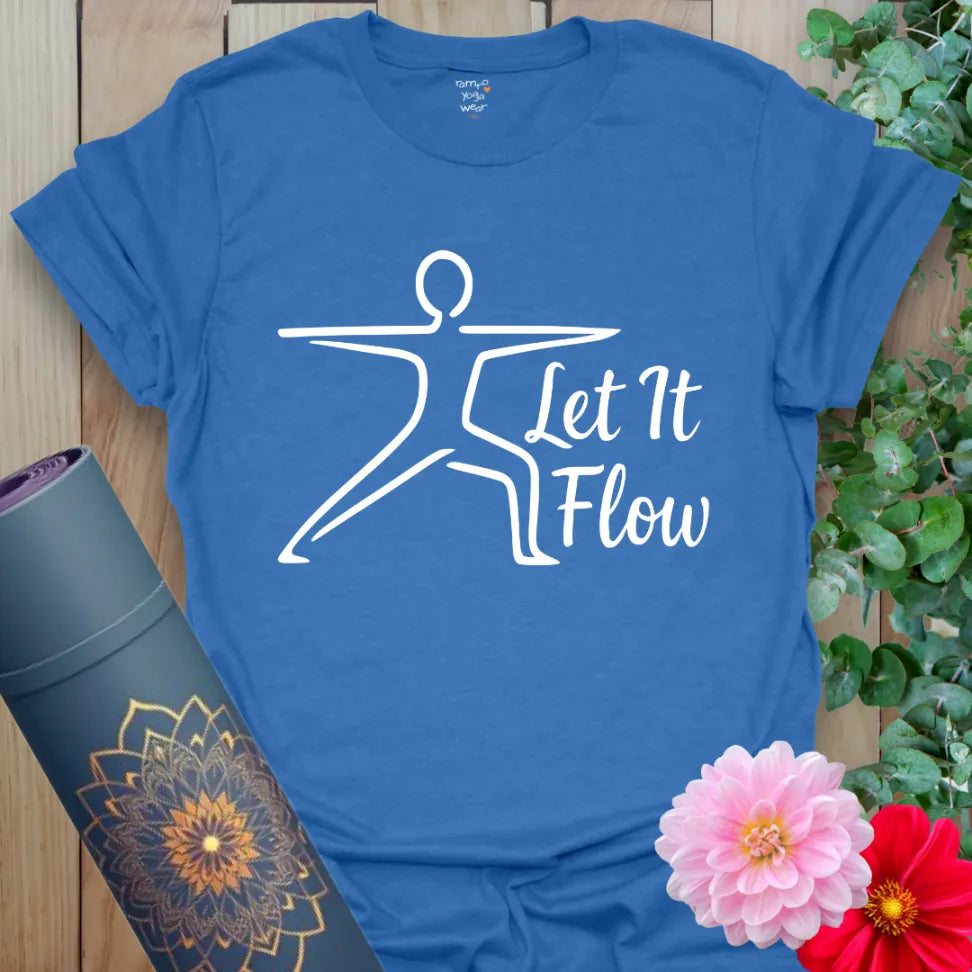 Soft cotton unisex yoga t-shirt featuring minimalist warrior pose design and "Let It Flow" mindful living mantra.