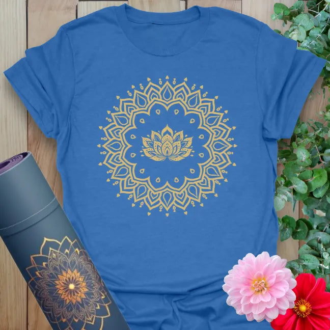 Soft cotton unisex yoga t-shirt featuring detailed lotus mandala design symbolizing mindful balance and spiritual awakening.