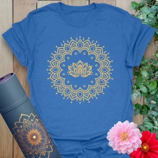 Soft cotton unisex yoga t-shirt featuring detailed lotus mandala design symbolizing mindful balance and spiritual awakening.