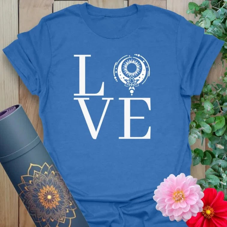 Soft cotton unisex yoga t-shirt featuring bold "LOVE" text with sacred mandala "O" symbol for heart-centered mindful living.