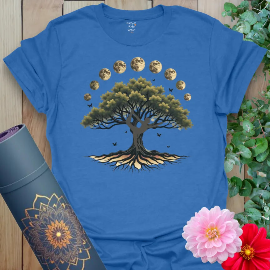 Soft cotton unisex yoga t-shirt featuring tree of life with full moon phase design symbolizing growth, cycles, and conscious living.