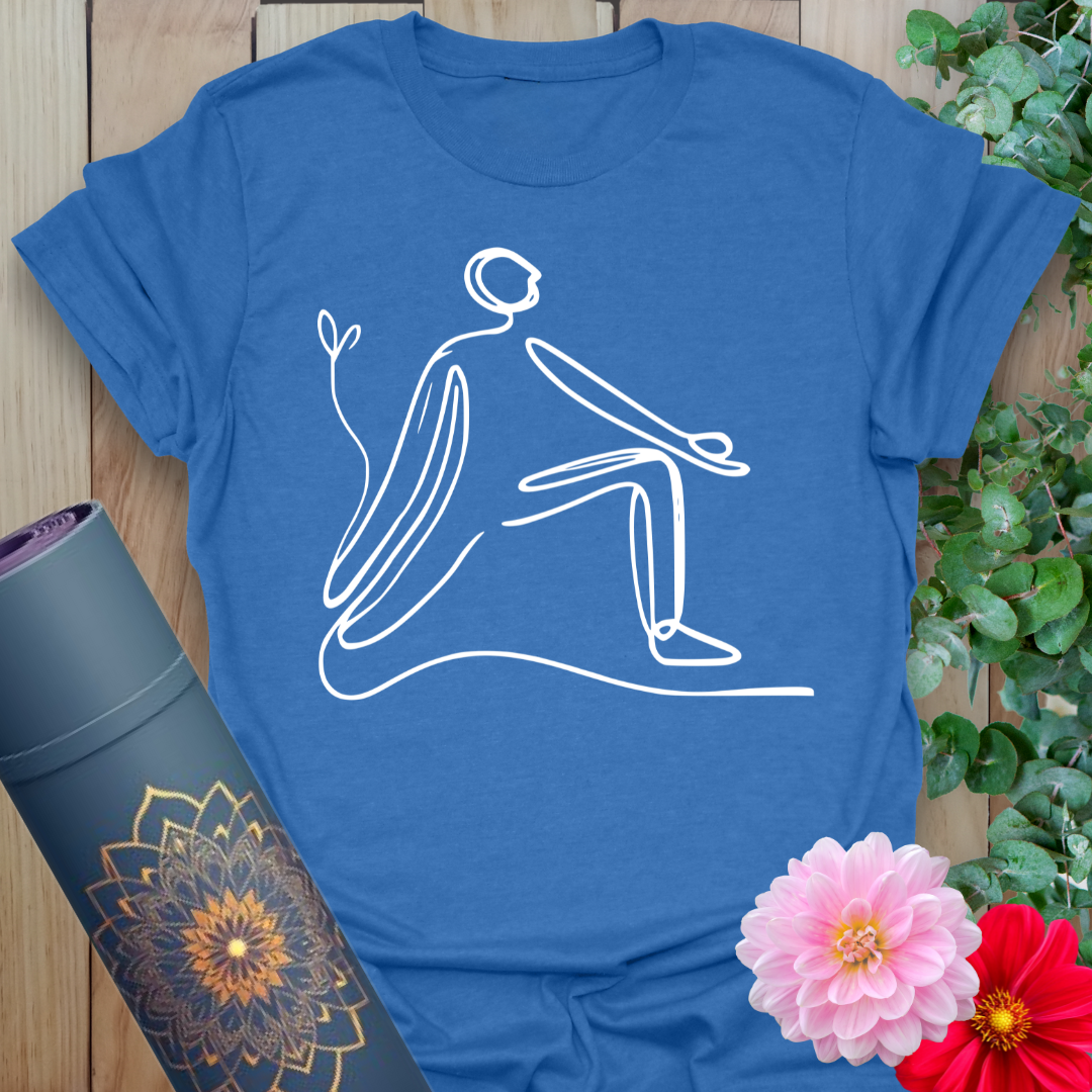 Soft cotton unisex yoga t-shirt featuring minimalist one-line yogi in lunge pose design symbolizing mindful strength and grounded movement.