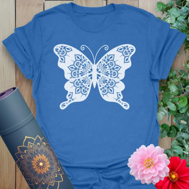 Soft cotton unisex yoga t-shirt featuring intricate mandala-inspired butterfly design symbolizing soulful transformation and conscious growth.