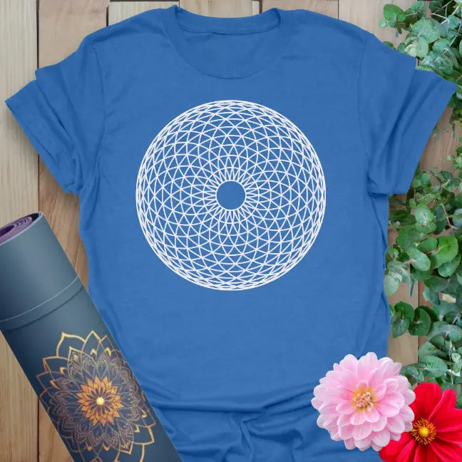 Soft cotton unisex yoga t-shirt featuring sacred geometry design symbolizing focus, manifestation, and conscious creation.