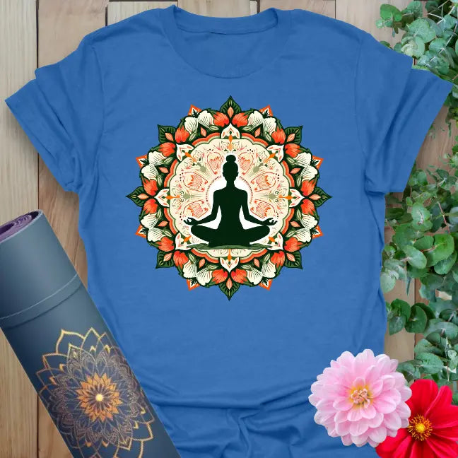 Soft cotton unisex yoga t-shirt featuring meditating figure within vibrant sacred mandala design symbolizing inner peace and mindful growth.