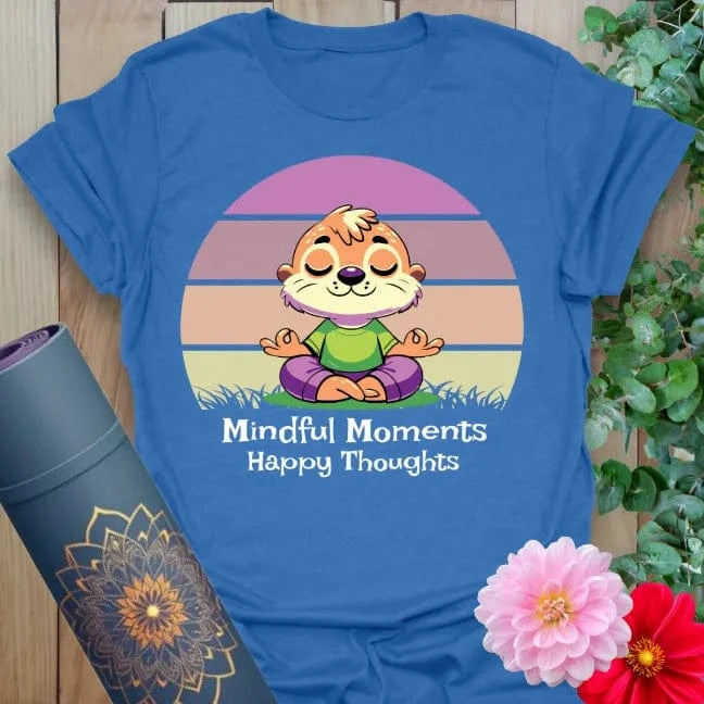 Soft cotton unisex yoga t-shirt featuring smiling meditating animal and "Mindful Moments, Happy Thoughts" quote for joyful, conscious living.