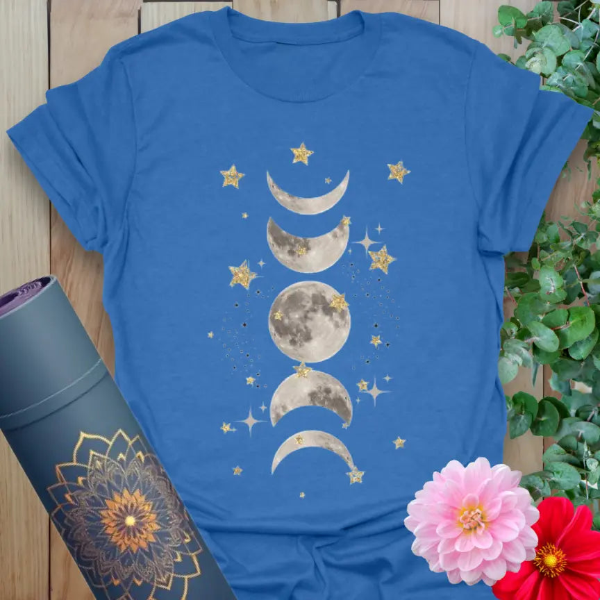 Soft cotton unisex yoga t-shirt featuring vertical lunar phases and golden star design symbolizing soulful cycles and celestial connection.