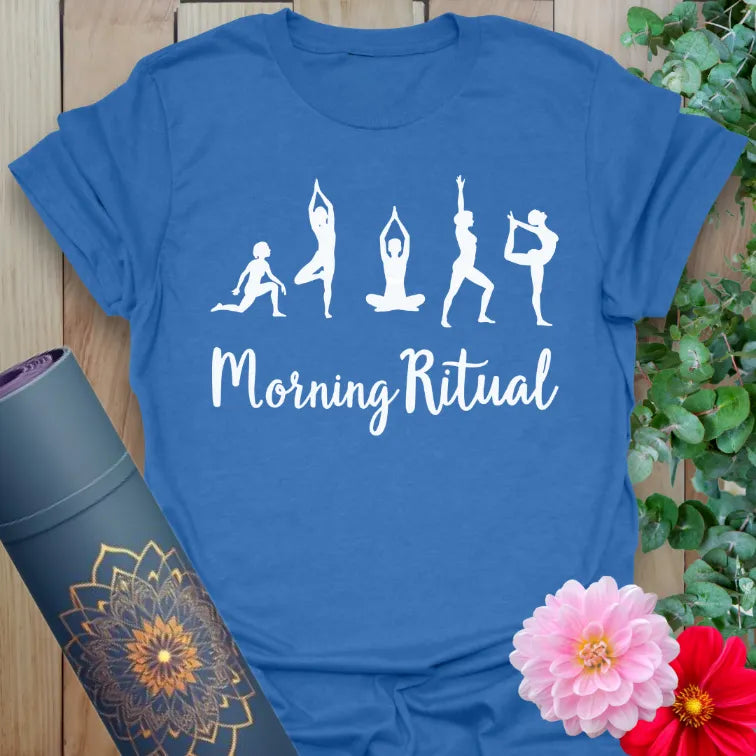 Soft cotton unisex yoga t-shirt featuring graceful yoga poses and "Morning Ritual" quote symbolizing mindful daily practice and soulful living.