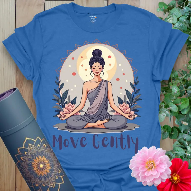 Soft cotton unisex yoga t-shirt featuring serene meditating yogini and "Move Gently" affirmation inspiring soulful, mindful living.s.