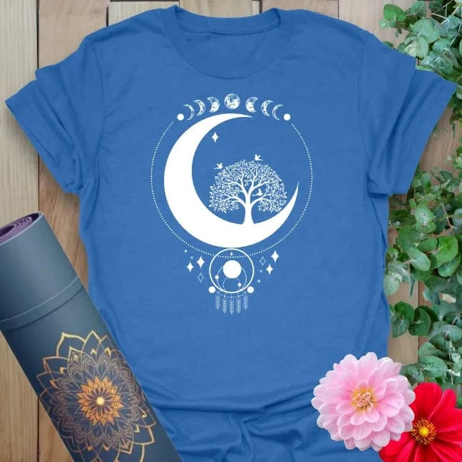 Soft cotton unisex yoga t-shirt featuring luminous crescent moon, flourishing tree, and lunar phases symbolizing cosmic growth and mindful connection.