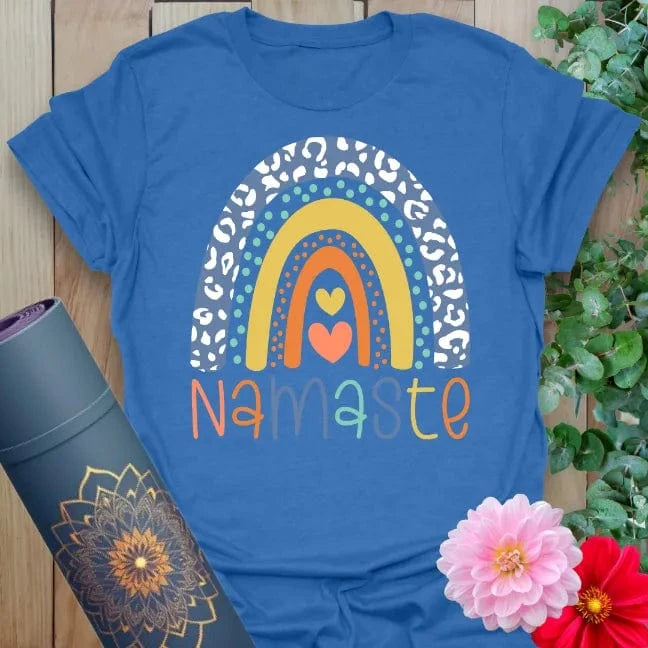Soft cotton unisex yoga t-shirt featuring colorful rainbow and "Namaste" quote symbolizing joyful mindful living and conscious gratitude.