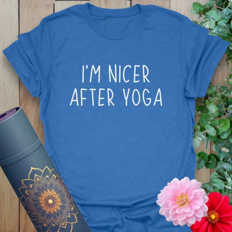Soft cotton unisex yoga t-shirt featuring playful "I’m Nicer After Yoga" quote symbolizing soulful humor, mindful movement, and conscious positivity.