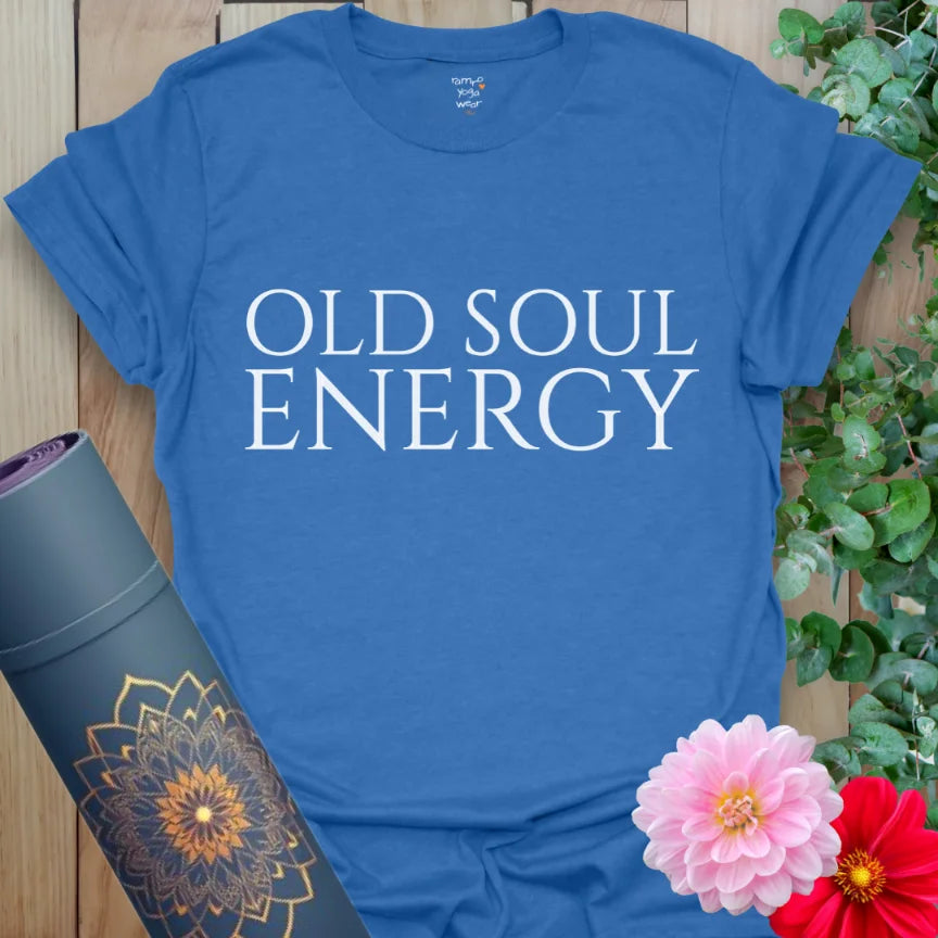 Deep heather royal t-shirt featuring “Old Soul Energy” design for grounded spiritual expression and everyday wisdom.