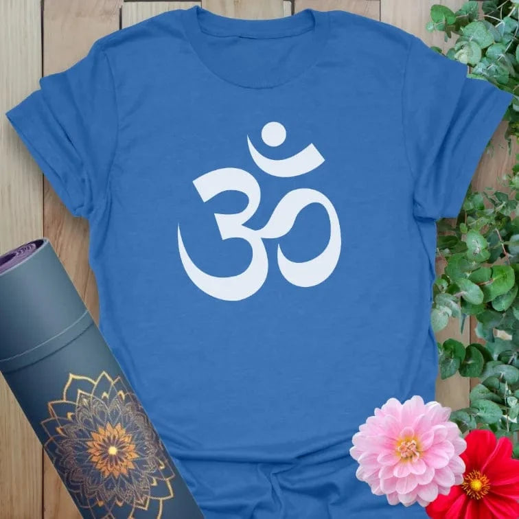 Soft cotton unisex yoga t-shirt featuring bold sacred Om symbol inspiring mindful presence, spiritual connection, and soulful vibration.