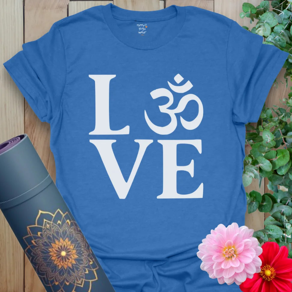 Soft cotton unisex yoga t-shirt featuring creative LOVE design with sacred Om symbol inspiring mindful connection and soulful living.