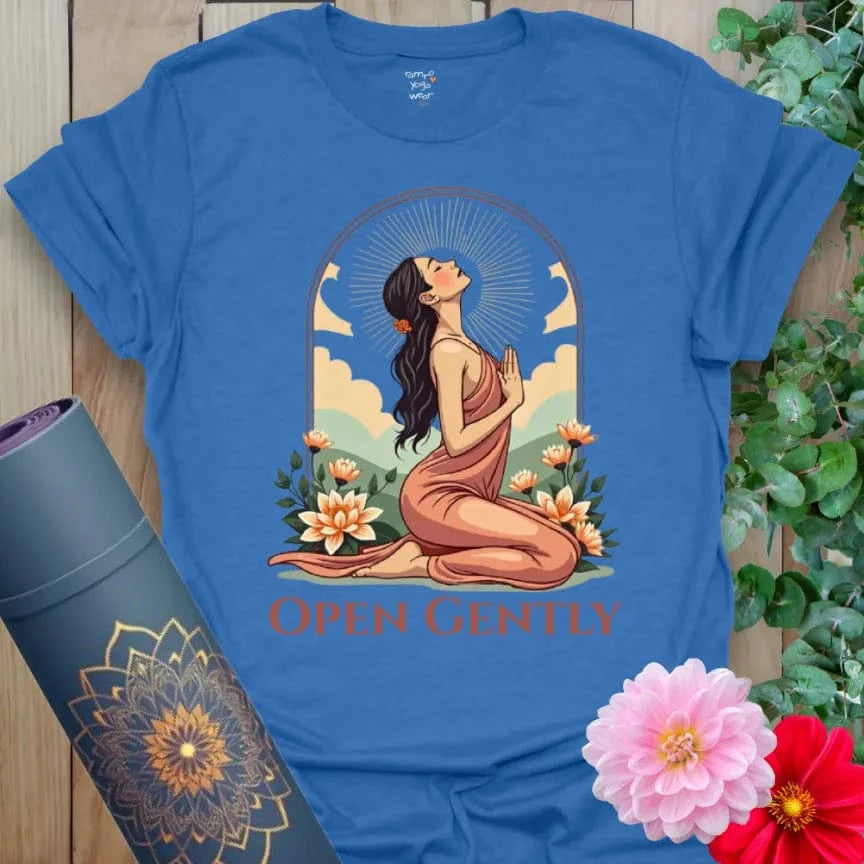 Soft cotton unisex yoga t-shirt featuring heart-opening pose and floral arch design symbolizing tender growth and soulful living.