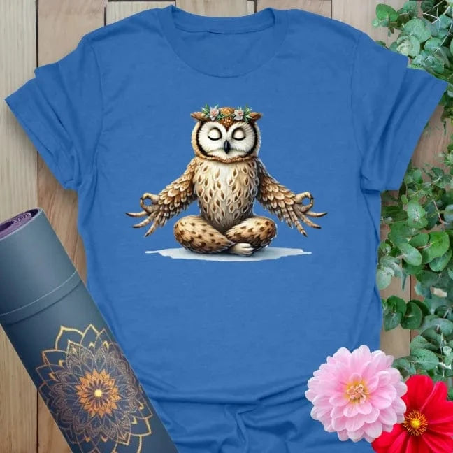 Soft cotton unisex yoga t-shirt featuring serene meditating owl with wildflower crown for soulful wisdom and playful mindfulness.