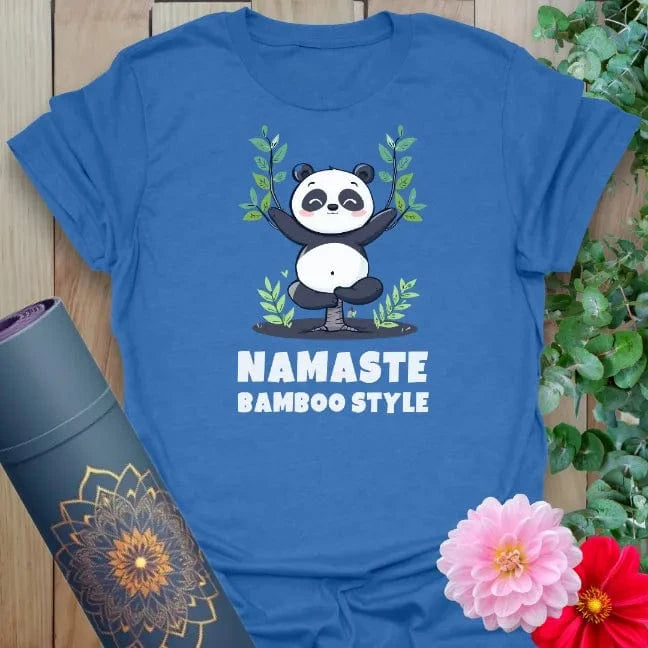 Soft cotton unisex yoga t-shirt featuring playful panda with bamboo branches and "Namaste Bamboo Style" quote for joyful, soulful living.