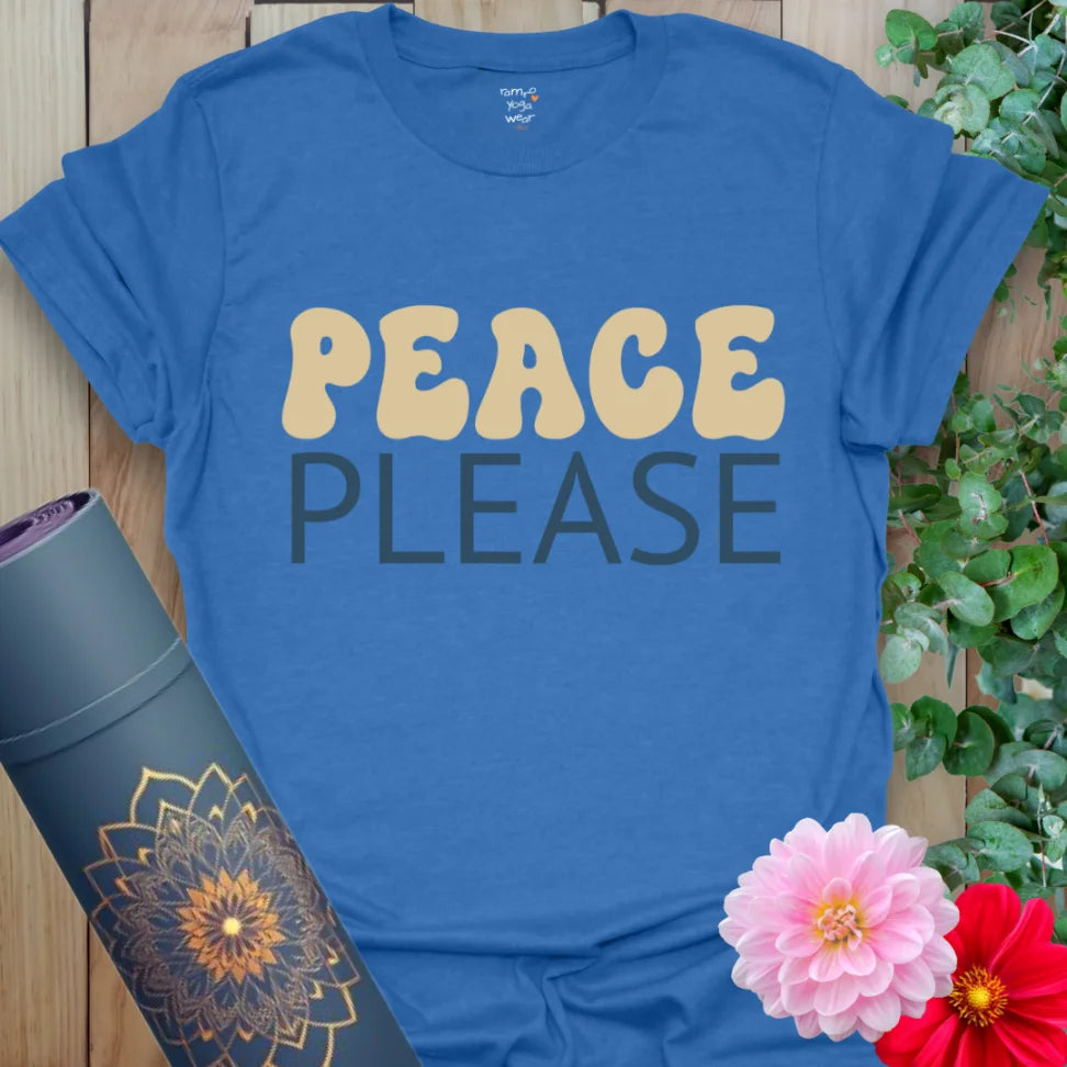 Heather Royal Peace Please T-Shirt with vintage lettering and modern streetwear edge. Unisex fit yoga tee.
