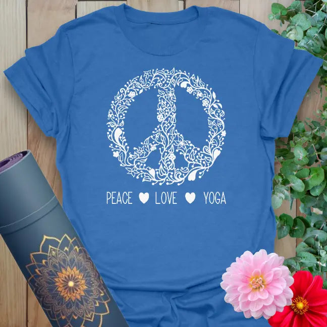 Soft cotton unisex yoga t-shirt featuring intricate floral peace sign design with "Peace ♥ Love ♥ Yoga" affirmation for soulful living.
