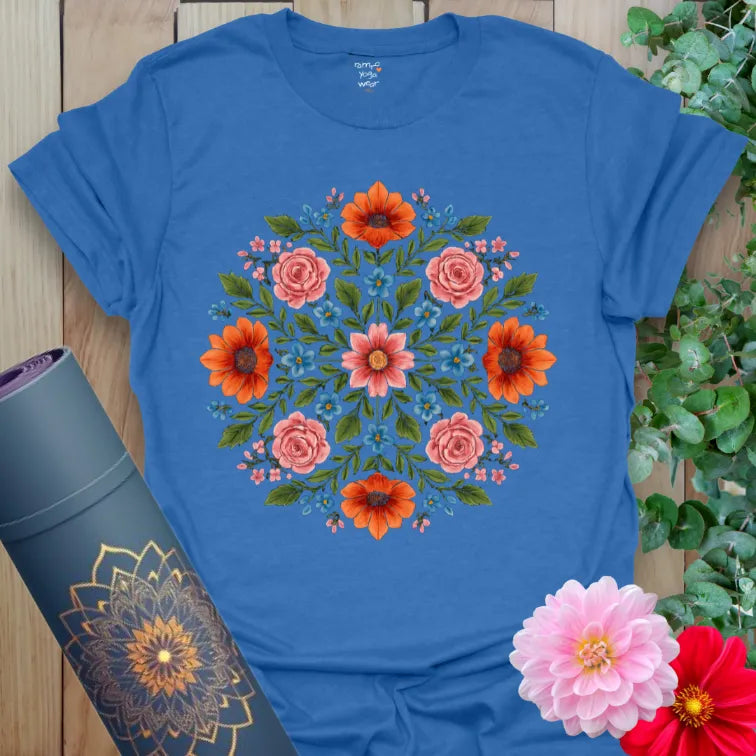 Soft cotton unisex yoga t-shirt featuring vibrant floral mandala design symbolizing balance, natural beauty, and soulful growth.