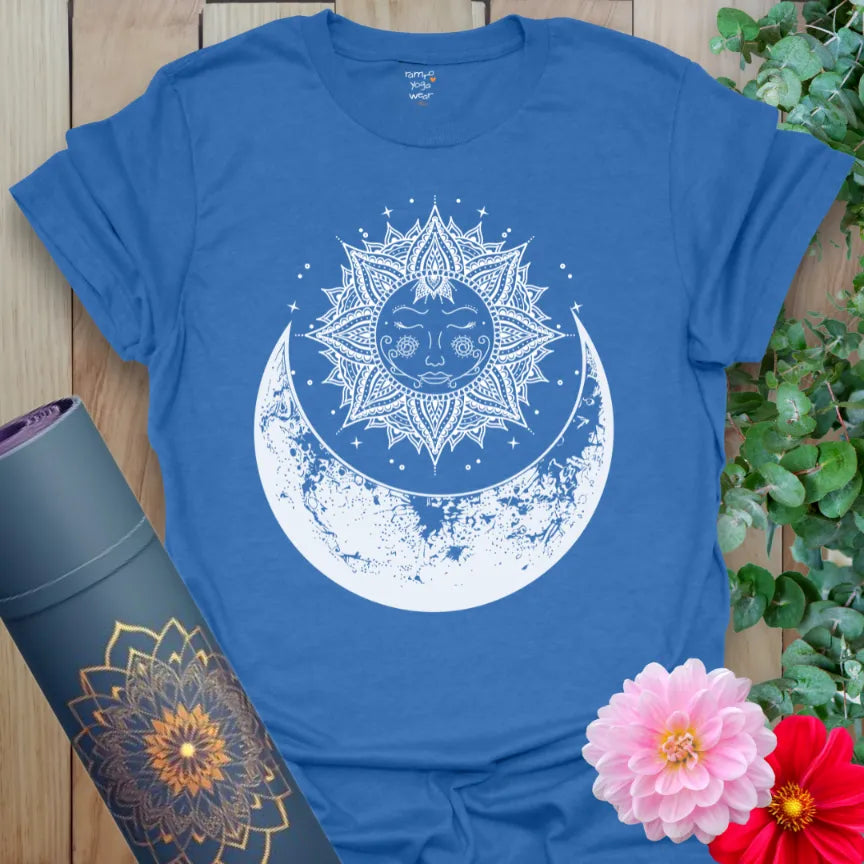 oft cotton unisex yoga t-shirt featuring celestial sun and crescent moon mandala design symbolizing soulful growth and mindful living.