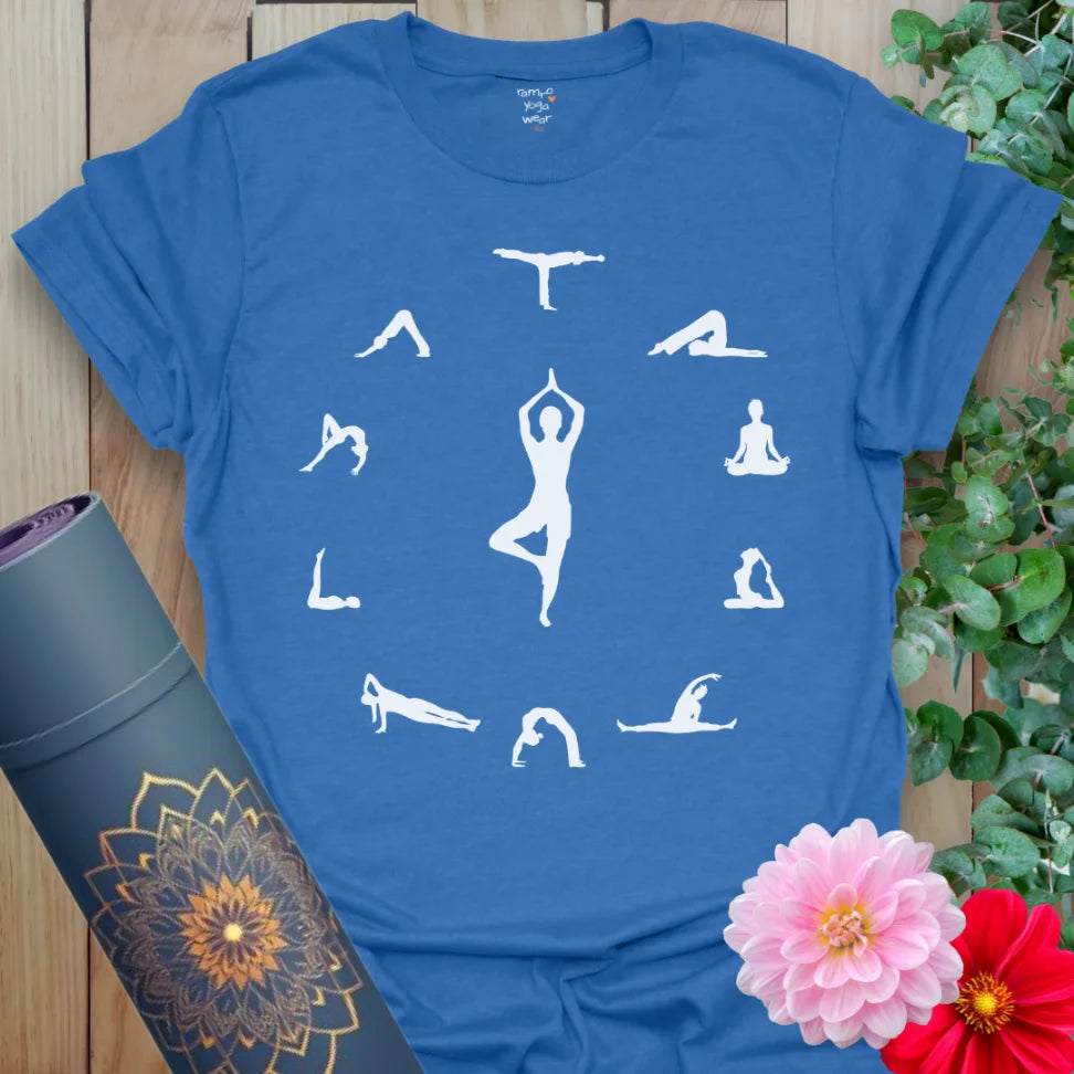 Soft cotton unisex yoga t-shirt featuring circle of yoga poses surrounding tree pose figure symbolizing mindful movement and balance.