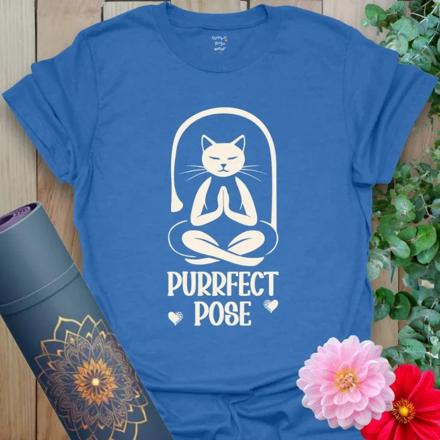 Heather Royal Purrfect Pose T-Shirt with playful cat in yoga Tree Pose and text. Soft cotton tee for yoga and lifestyle wear.