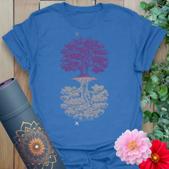 Soft cotton unisex yoga t-shirt featuring mirrored tree of life artwork symbolizing grounded balance, soulful growth, and mindful reflection.