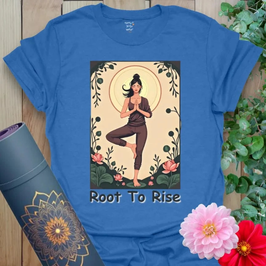 Soft cotton yoga tee featuring Tree Pose yogi with “Root to Rise” affirmation and floral moonlit design.
